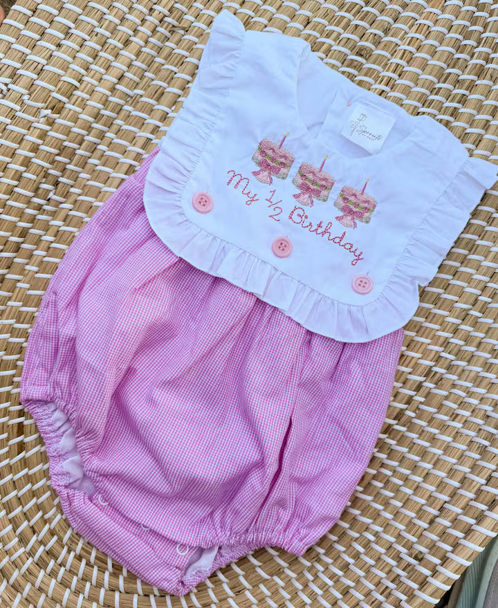 1/2 Birthday Pink Gingham Romper - Girls Birthday Outfit