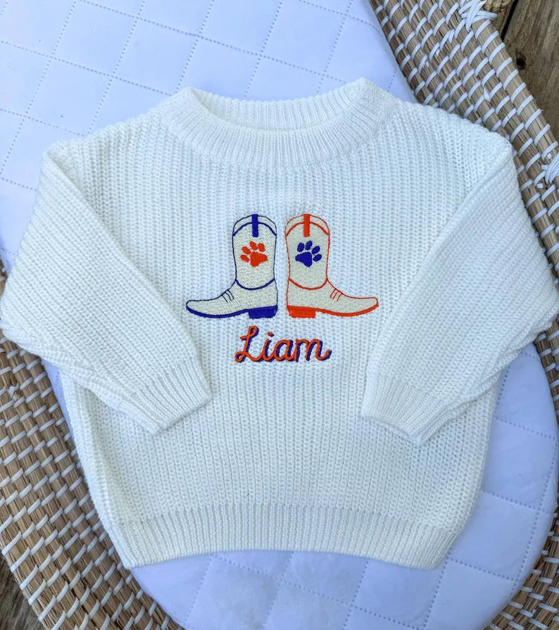 Custom Clemson Tigers Cowboy Boots Sweater - Kids Game Day Outfit