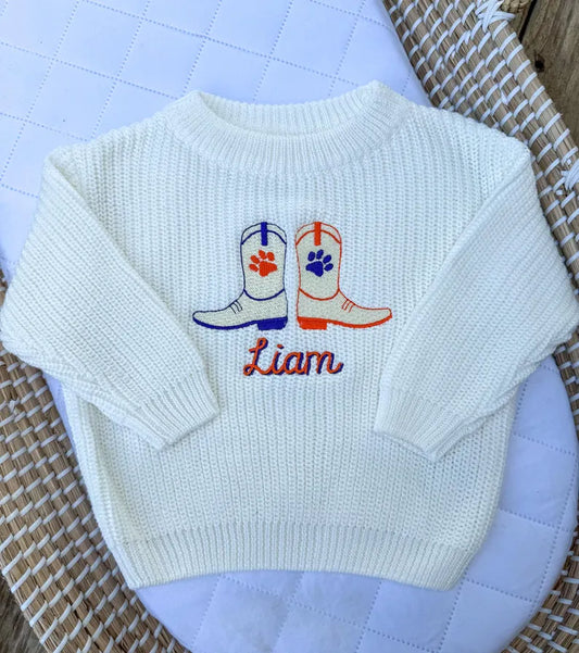 Custom Clemson Tigers Cowboy Boots Sweater - Kids Game Day Outfit