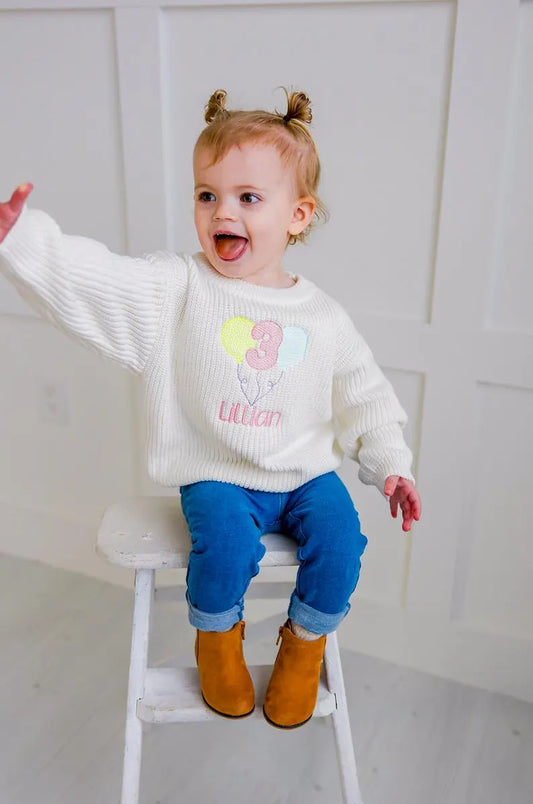 Custom Third Birthday Balloon Sweater - Kids Personalized Birthday Outfit