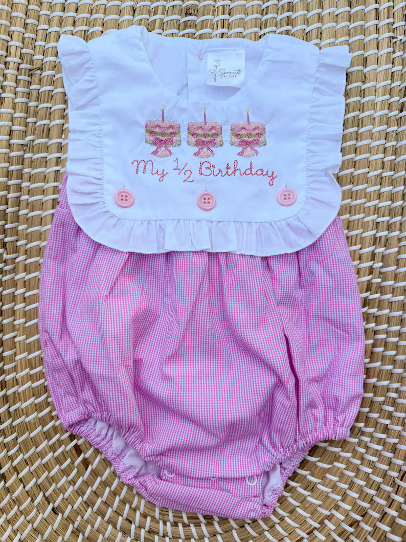Custom 1/2 Birthday Pink Gingham Romper - Girls Birthday Outfit