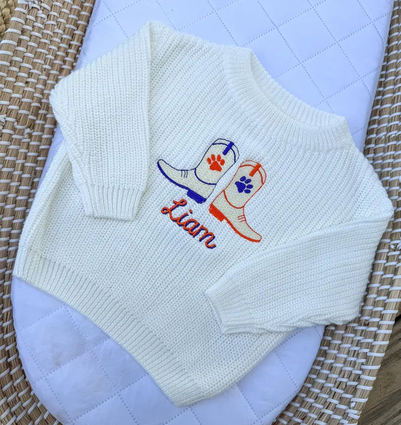 Custom Clemson Tigers Cowboy Boots Sweater - Kids Game Day Outfit