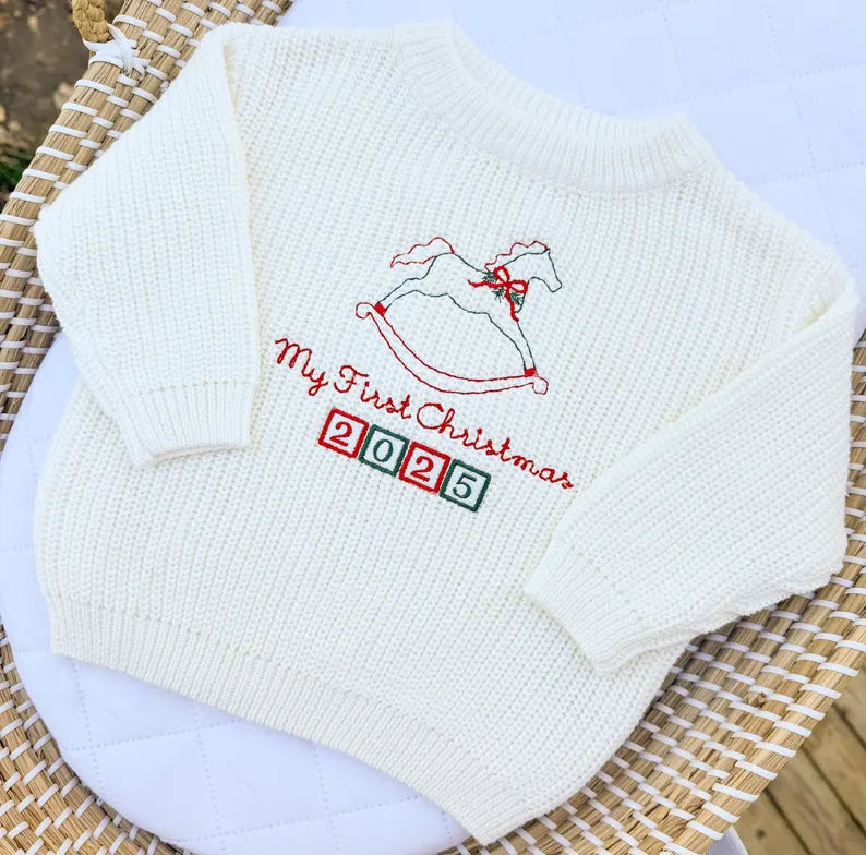 Custom First Christmas Rocking Horse Sweater - Kids Christmas Outfit