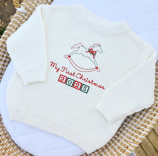Custom First Christmas Rocking Horse Sweater - Kids Christmas Outfit