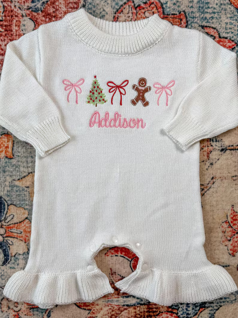 Custom Christmas Tree, Bow, and Gingerbread Romper - Kids Personalized Christmas Outfit