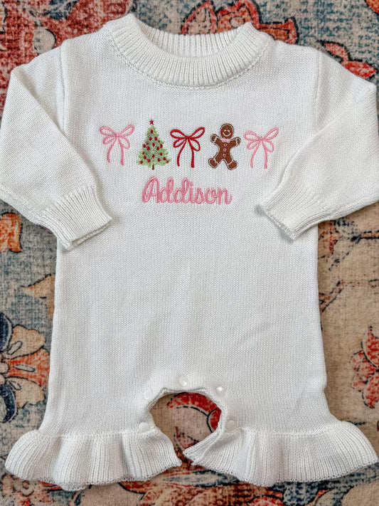 Custom Christmas Tree, Bow, and Gingerbread Romper - Kids Personalized Christmas Outfit