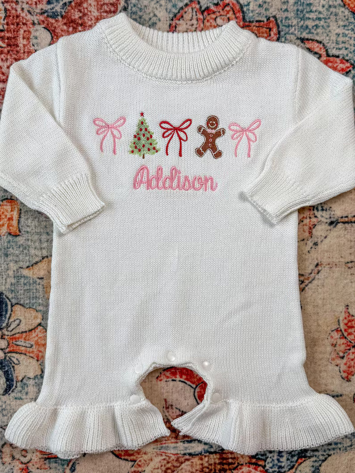 Christmas Tree, Bow, and Gingerbread Romper - Kids Personalized Christmas Outfit