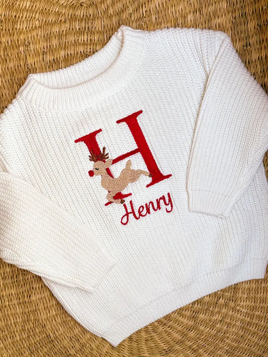 Custom Rudolph The Reindeer Monogram Sweater - Kids Personalized Christmas Sweater)