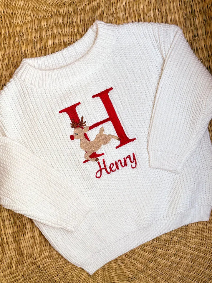 Rudolph The Reindeer Monogram Sweater - Kids Personalized Christmas Sweater)