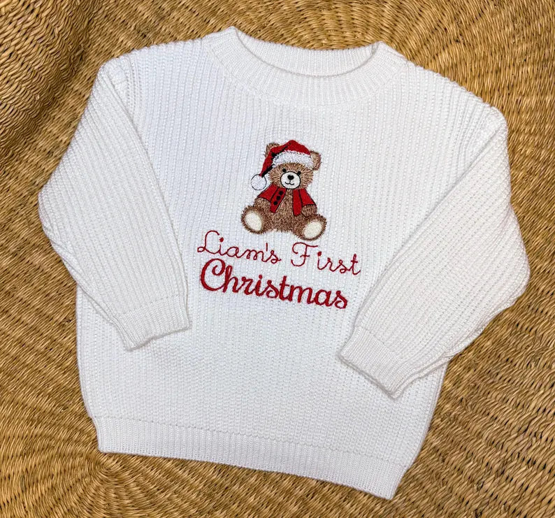 Custom Santa Bear First Christmas Sweater - Kids Christmas Outfit