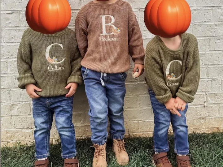 Turkey Monogram + Name Sweater - Kids Thanksgiving Outfit