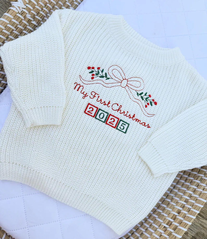 Custom First Christmas Bow Sweater - Kids Personalized Outfit