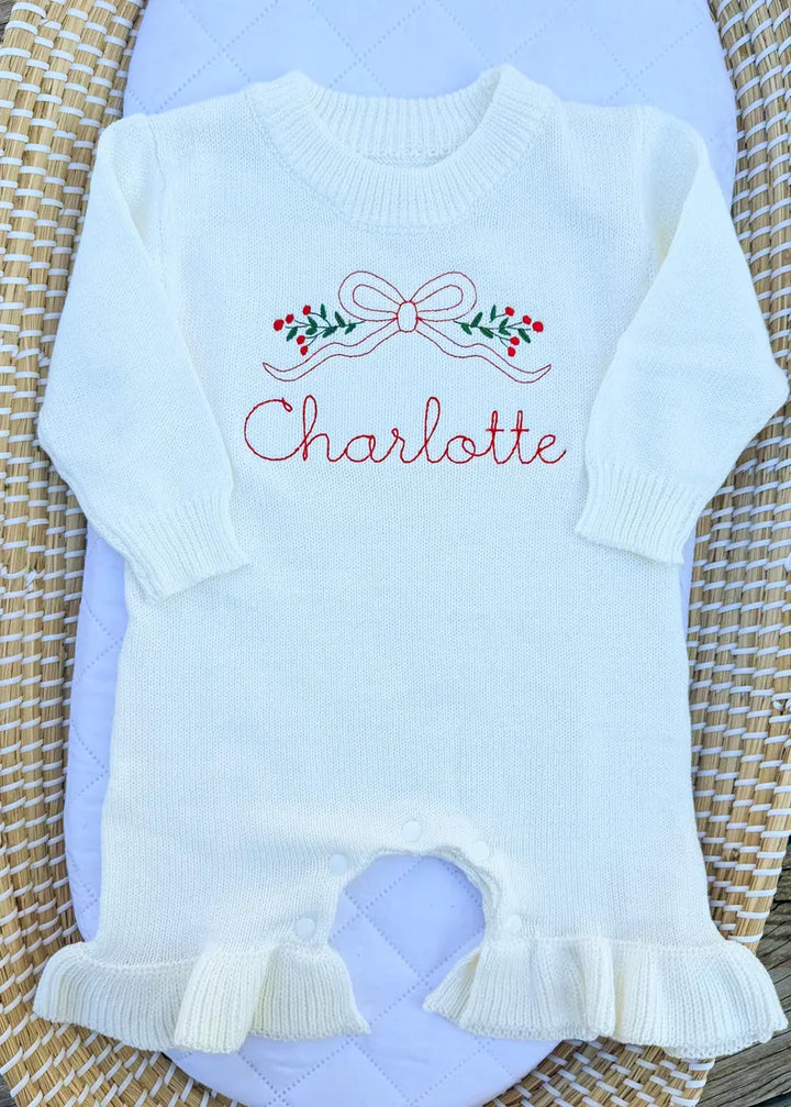 Christmas Bow + Name Romper - Girls Personalized Outfit
