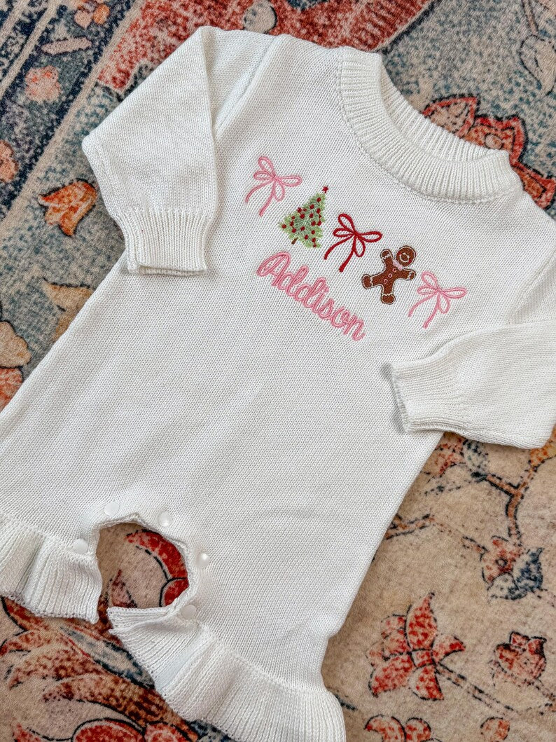 Custom Christmas Tree, Bow, and Gingerbread Romper - Kids Personalized Christmas Outfit