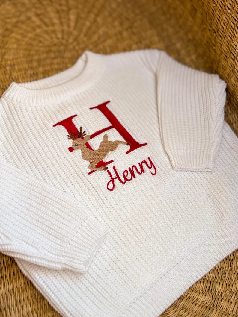 Custom Rudolph The Reindeer Monogram Sweater - Kids Personalized Christmas Sweater)