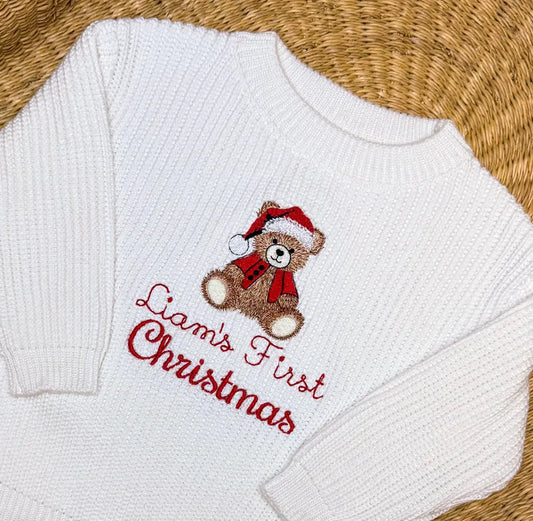 Custom Santa Bear First Christmas Sweater - Kids Christmas Outfit