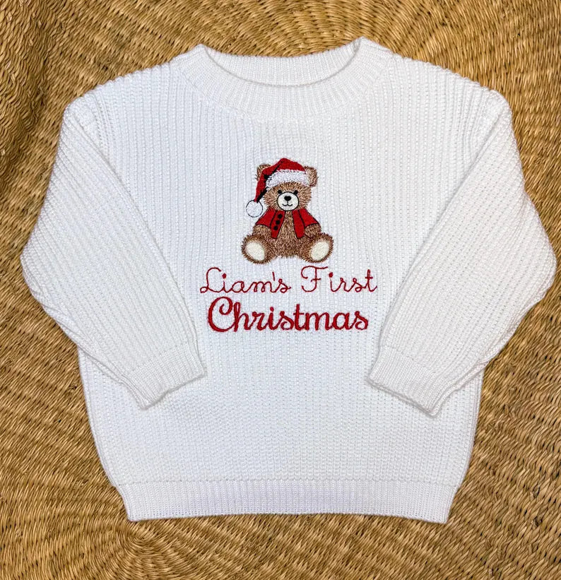 Custom Santa Bear First Christmas Sweater - Kids Christmas Outfit