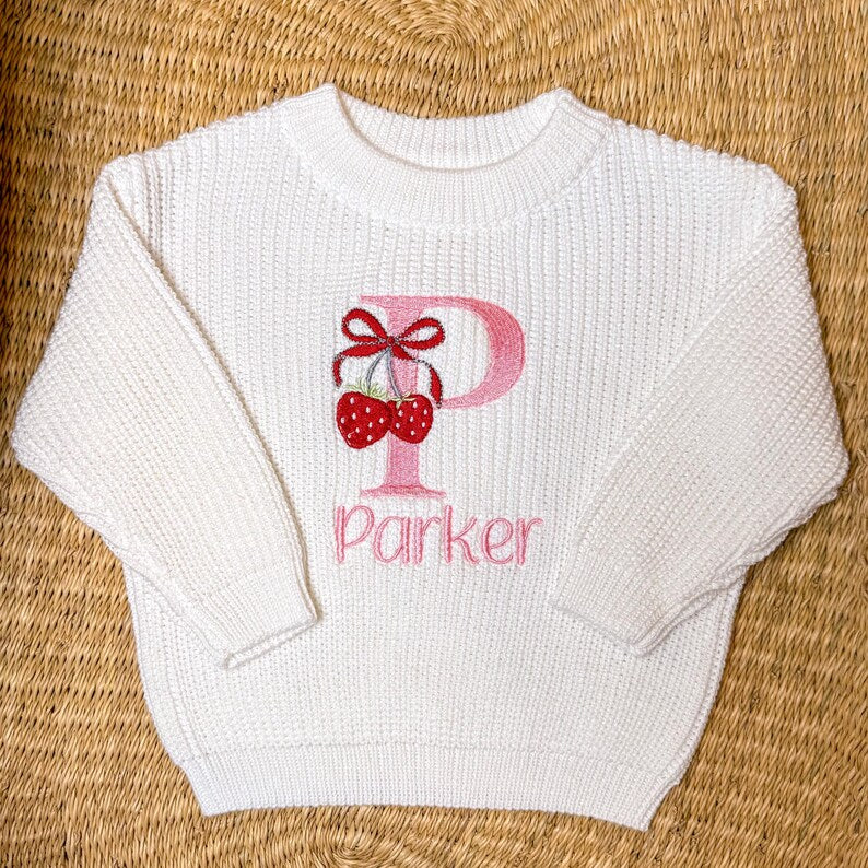Strawberry Monogram Sweater - Girls Personalized Outfit