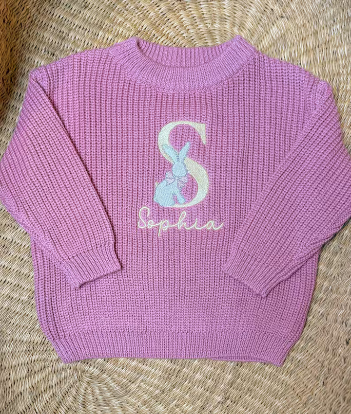 Easter Bunny Monogram Sweater - Girls Personalized Easter Outfit