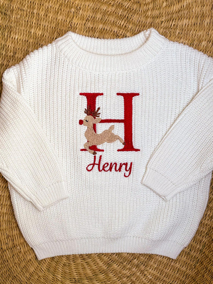 Rudolph The Reindeer Monogram Sweater - Kids Personalized Christmas Sweater)