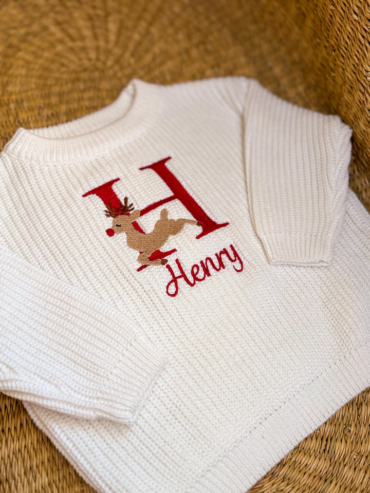 Rudolph The Reindeer Monogram Sweater - Kids Personalized Christmas Sweater)